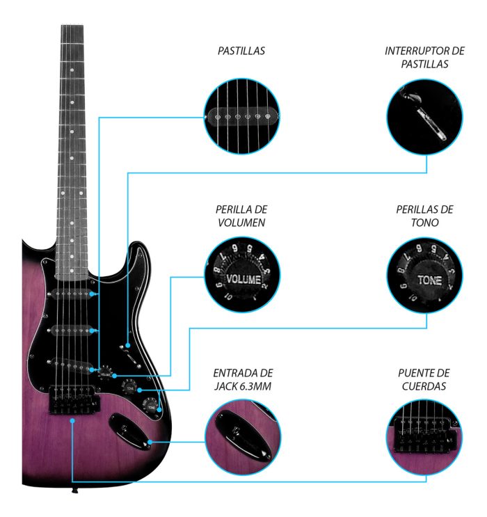 Guitarra Eléctrica Stratocaster Morada con amplificador y accesorios - Imagen 3